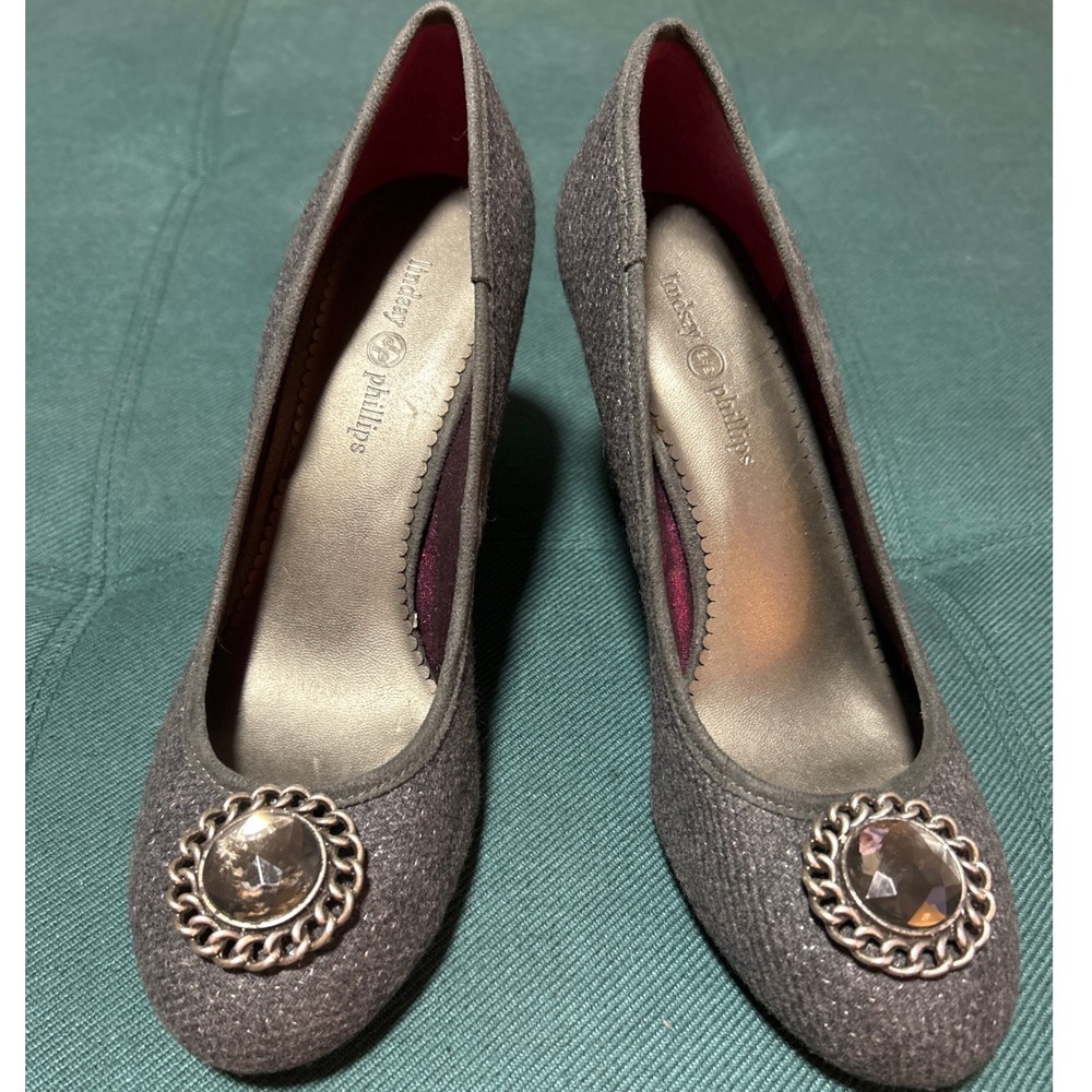 Lindsay Phillips Gray Glitter Jewel Toe Pumps Heels Womens Size 9M